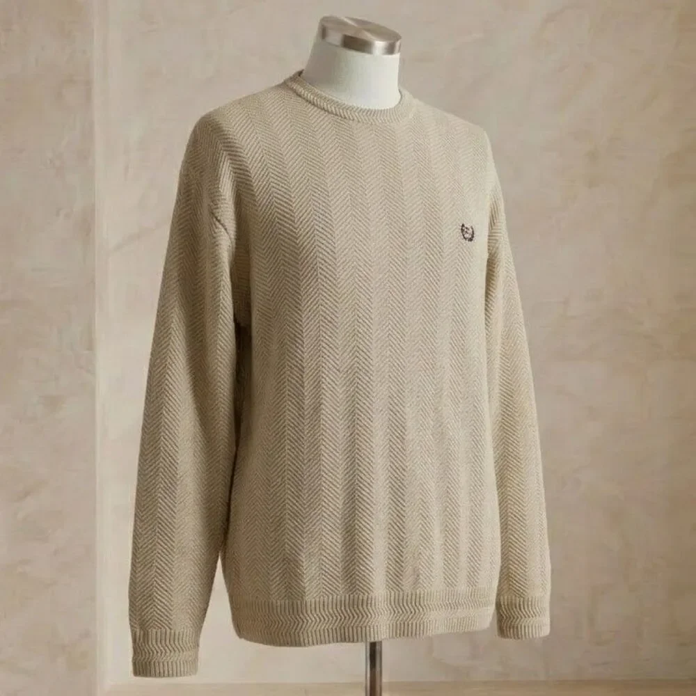 Chaps Ralph Lauren Men's XL Tan Herringbone Cotton Crewneck Sweater Vintage